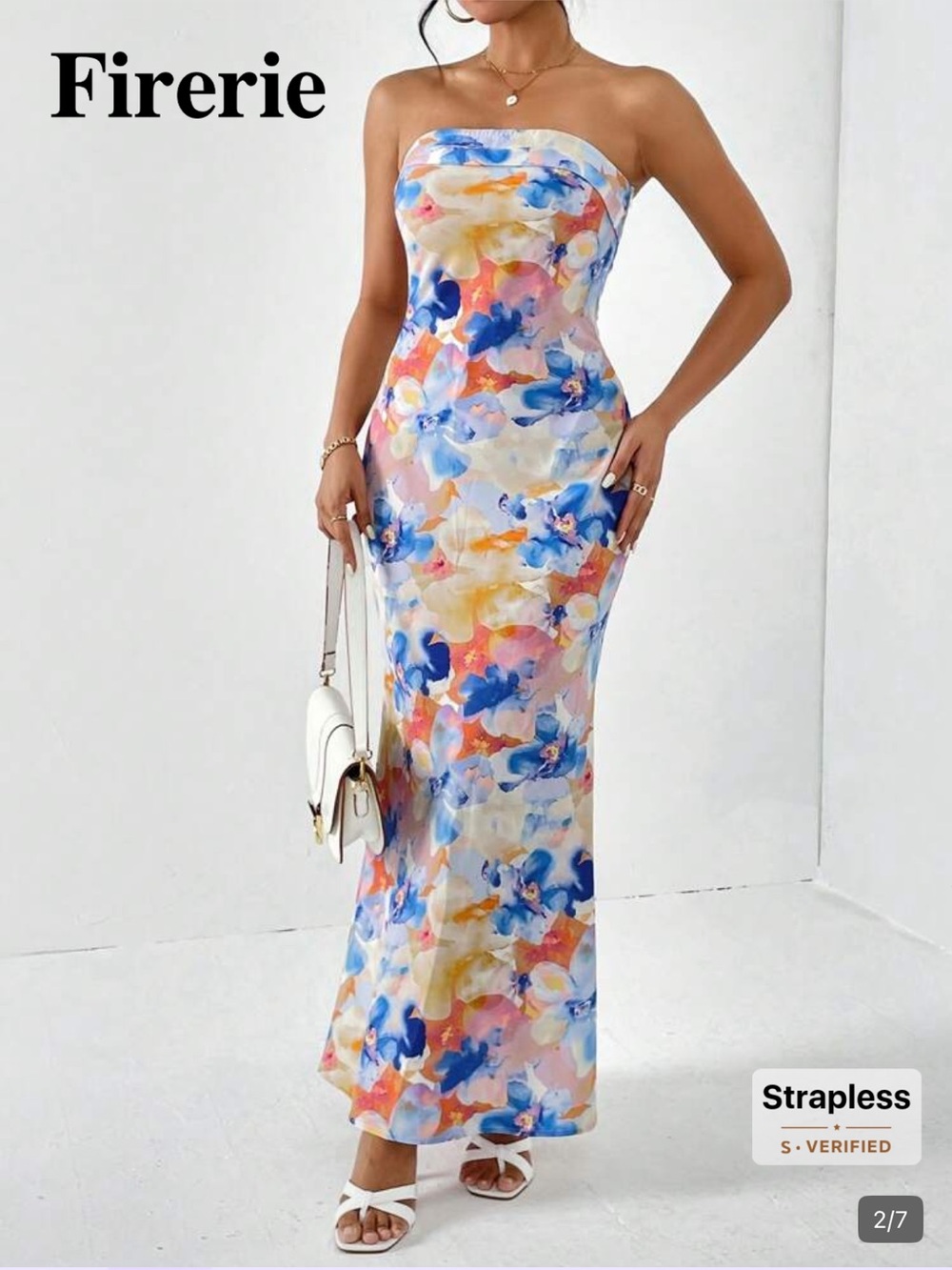 Firerie Strapless Watercolor Floral Maxi Dress in Blue, Pink, Yellow